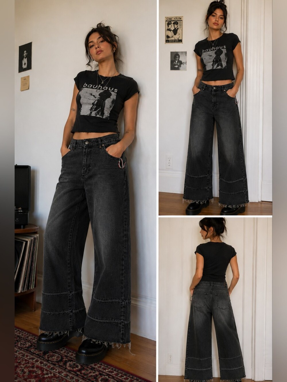 High-Waist Wide-Leg Black Washed Jeans for Women